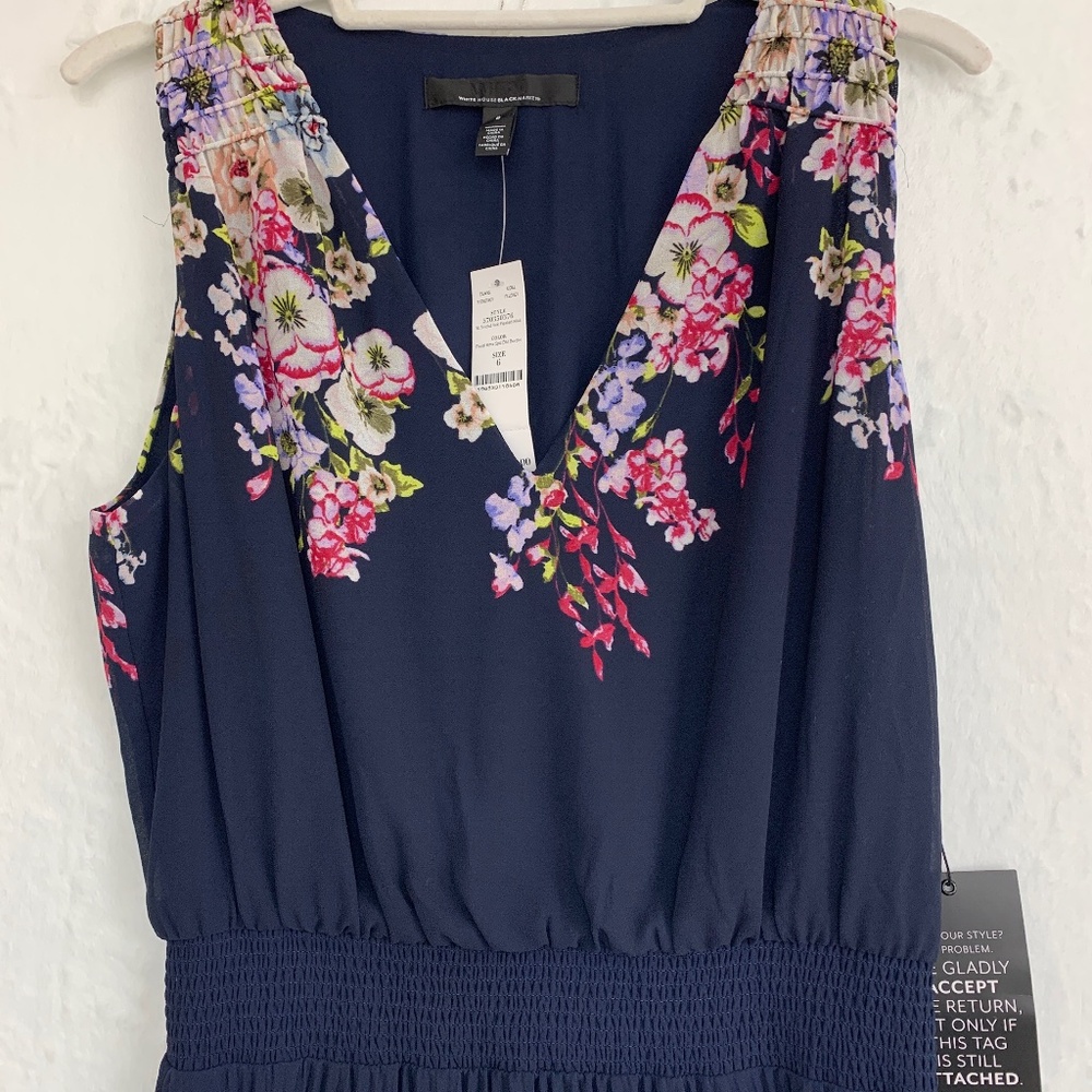 White House Black Market Navy Floral Smocked Pleated Midi Dress Sz 6 - Picture 5 of 16